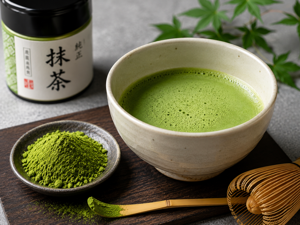 日式抹茶粉与茶筅冲泡场景图片