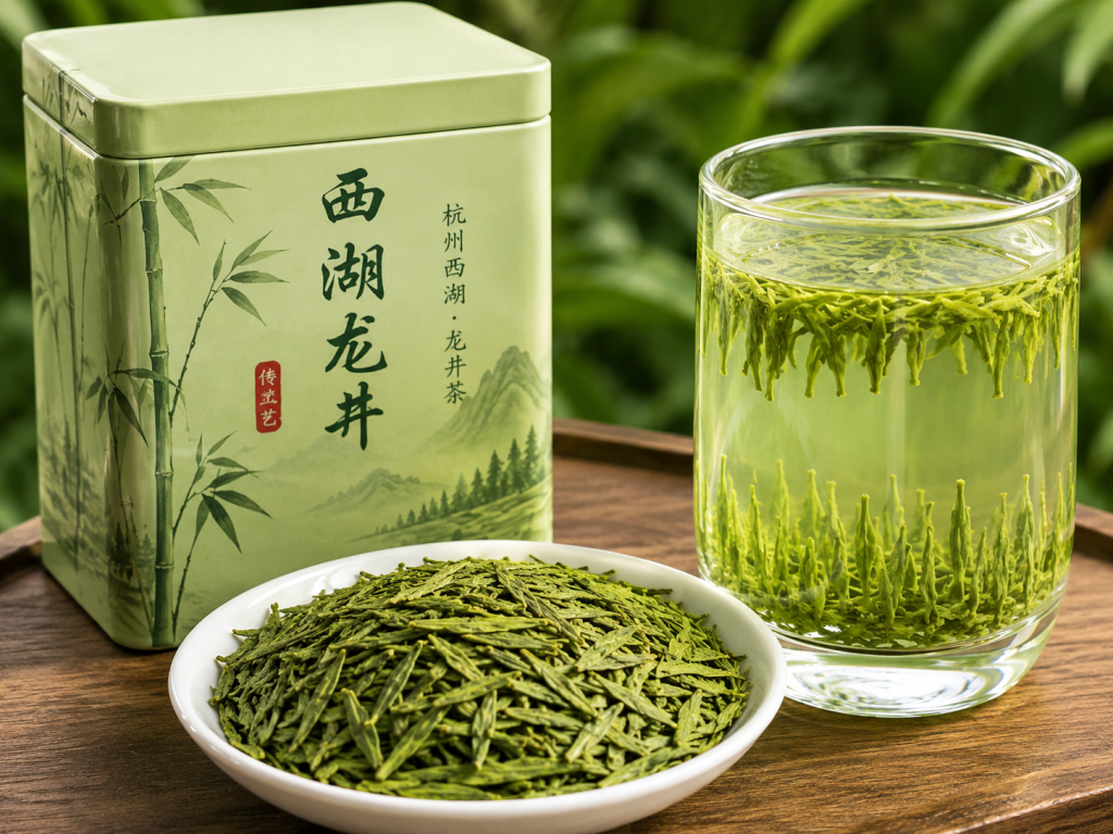 西湖龙井绿茶茶叶与清澈茶汤