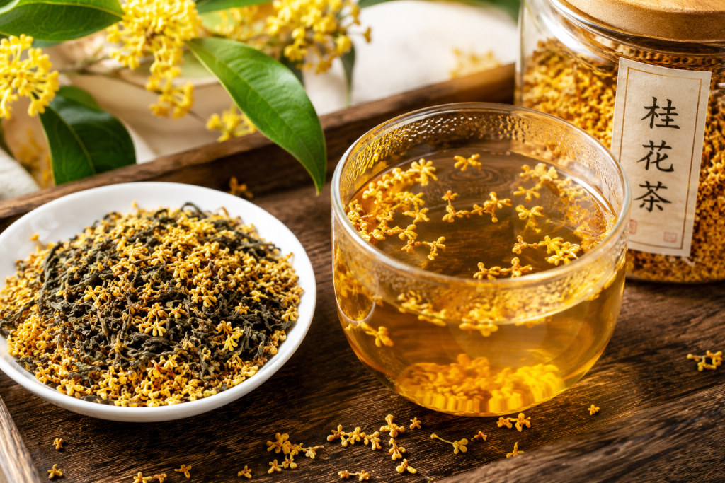 花茶桂花茶干茶，金黄色桂花与茶叶自然搭配，展现桂花茶香气甜润、茶汤清雅的特点。