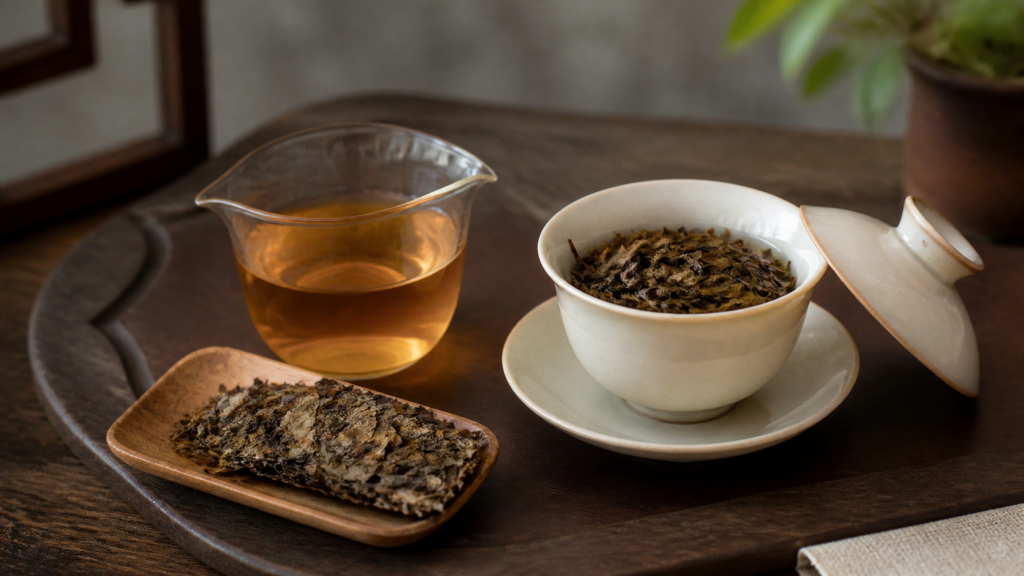 老白茶饼、散茶与白瓷盖碗冲泡场景
